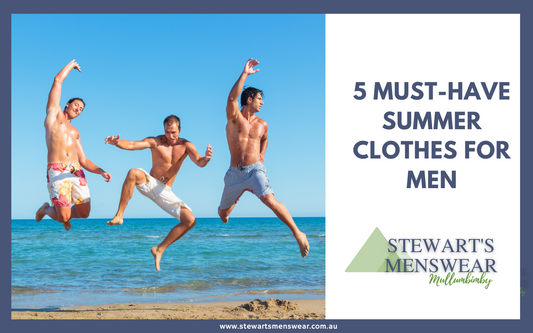 Stewart's Menswear Mullumbimby. An image of three men on the beach jumping in the air.