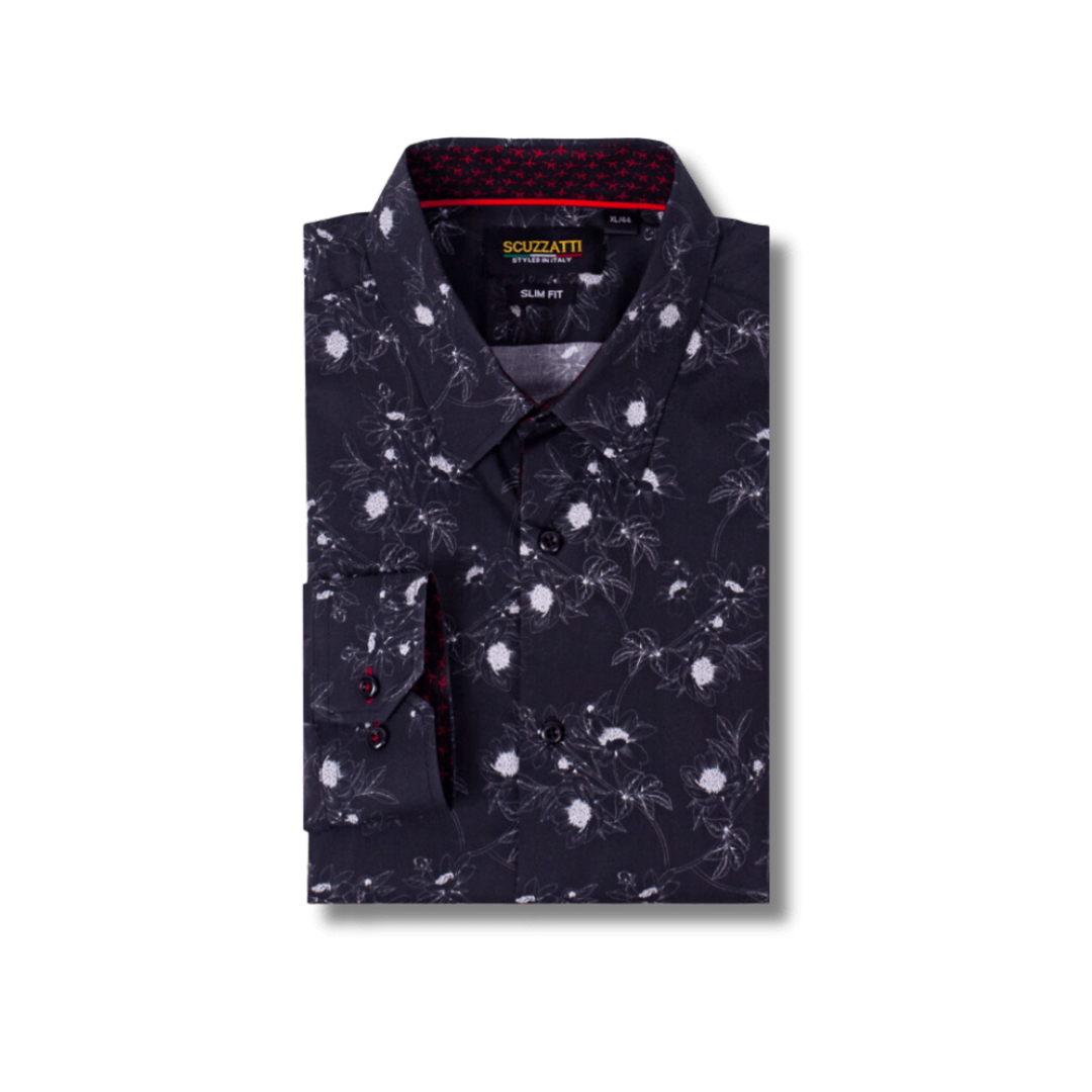 Stewarts Menswear Mullumbimby Scuzzatti long sleeve shirt. Our men's slim fit long sleeve shirt is stylish and comfortable. Made from a soft, breathable blend of 98% cotton and 2% elastane. Featuring modern prints with a contrast print inside collar and cuffs, these shirts are perfect for the transition from Winter to Spring and can be dressed up or down depending on the occasion. Black shirt with white floral print. Black and red contrast print inside collar and cuffs.