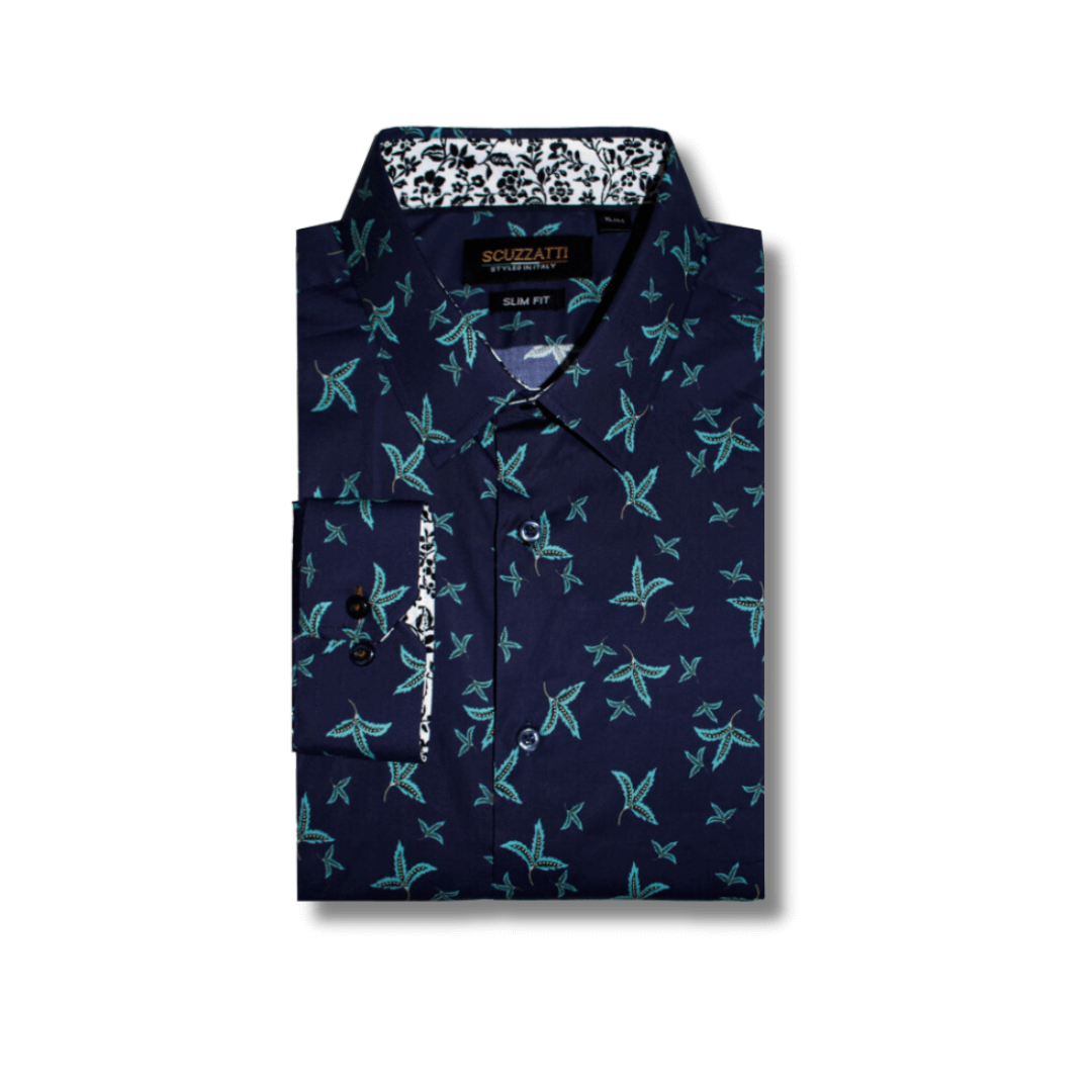 Stewarts Menswear Mullumbimby Scuzzatti long sleeve shirt. Our men's slim fit long sleeve shirt is stylish and comfortable. Made from a soft, breathable blend of 98% cotton and 2% elastane. Featuring modern prints with a contrast print inside collar and cuffs, these shirts are perfect for the transition from Winter to Spring and can be dressed up or down depending on the occasion. Navy shirt with teal leaf print. Black and white contrast print inside collar and cuffs