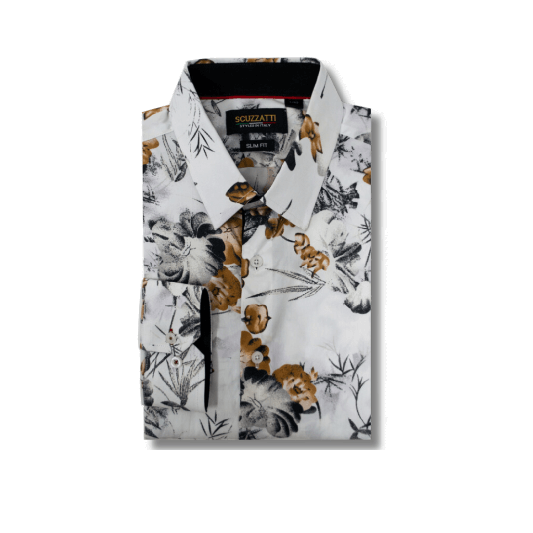 Stewarts Menswear Mullumbimby Scuzzatti long sleeve shirt. Our men's slim fit long sleeve shirt is stylish and comfortable. Made from a soft, breathable blend of 98% cotton and 2% elastane. Featuring modern prints with a contrast print inside collar and cuffs, these shirts are perfect for the transition from Winter to Spring and can be dressed up or down depending on the occasion. white shirt with tan, grey, and black floral print. Black contrast print inside collar and cuffs.