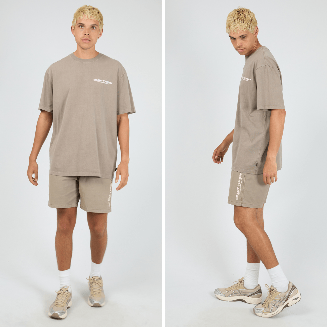Silent Theory Essential Theory Swim Short in latte with vertical logo print on the leg, men's swim shorts available at Stewart's Menswear Mullumbimby.