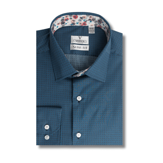 Stewarts Menswear Varce long sleeve shirt. Colour is teal with navy geometric pattern. Made from 100% cotton and featuring modern prints with a contrast print inside collar and cuffs, these shirts are perfect for the transition from Winter to Spring and can be dressed up or down depending on the occasion.