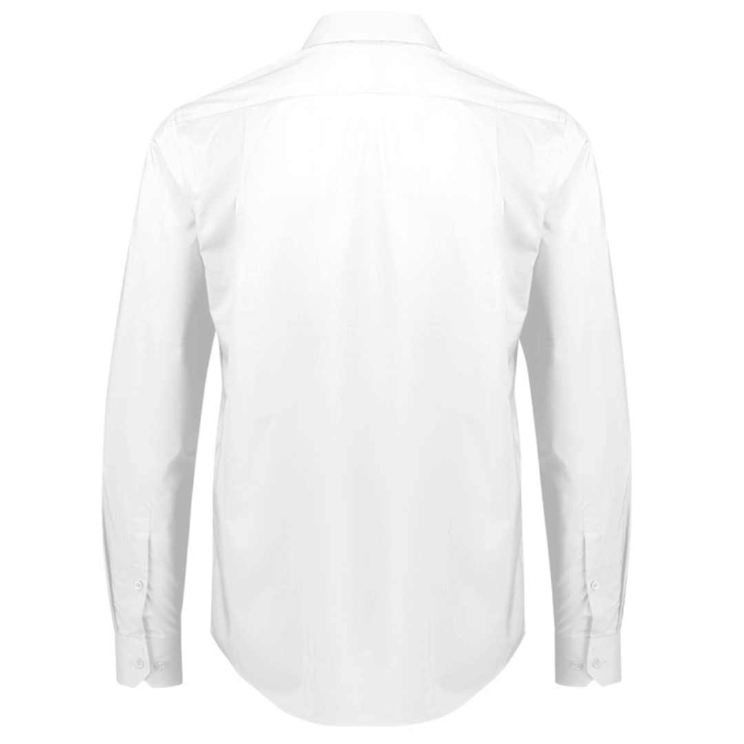 Stewarts Menswear Fashion Biz Mason classic long sleeve shirt. Colour is white. Photo shows Mason classic long sleeve shirt, back view.