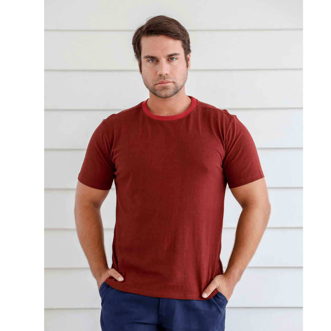 Stewart's Menswear Mullumbimby. Braintree Hemp Hemp/Cotton T-Shirt. Photo shows model wearing Braintree Hemp/Cotton T-shirt in red colour.