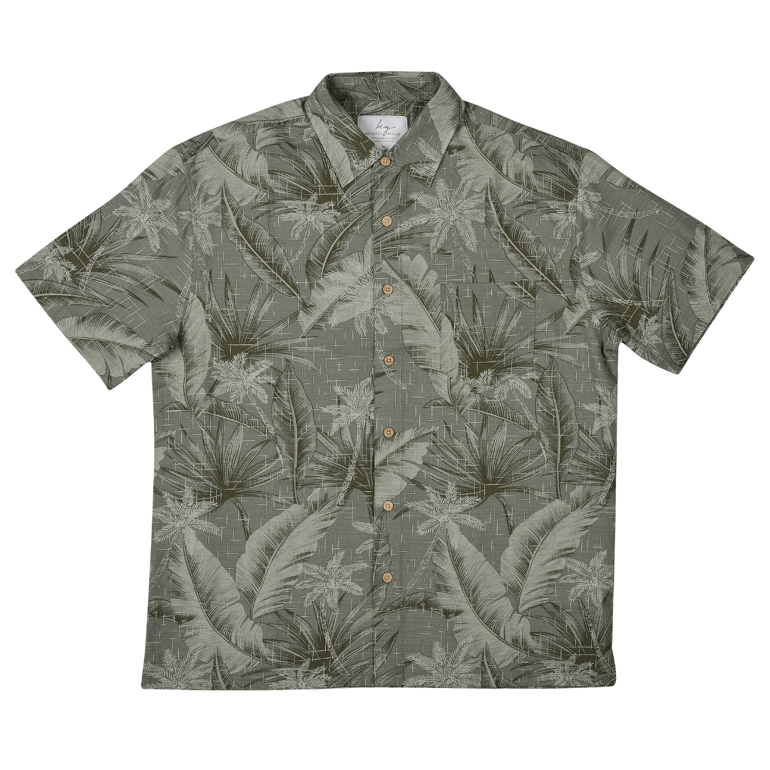 Stewart's Menswear, Mullumbimby. Kingston Grange Bamboo Shirt. Print is called Amazon. A monotone all over large leaf print. Olive Green/Grey type colour.