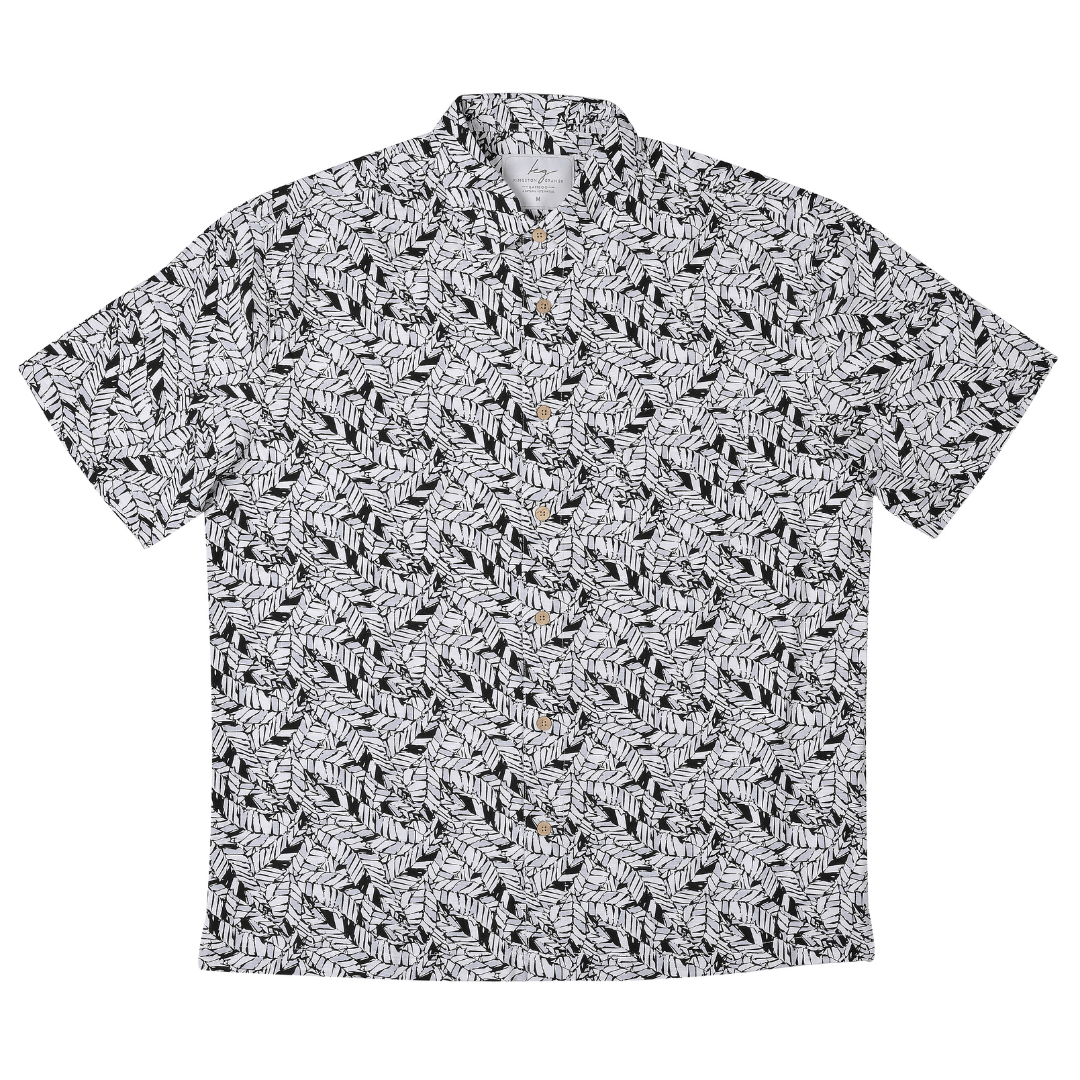 Stewart's Menswear, Mullumbimby. Kingston Grange Bamboo Shirt. Print is called Blaxland. An all over small leaf print. Black/white colourway.