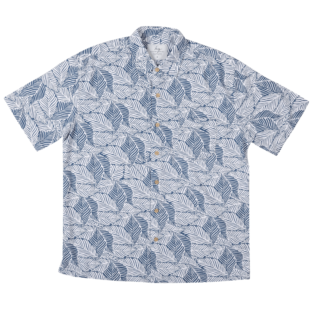 Stewart's Menswear, Mullumbimby. Kingston Grange Bamboo Shirt. Print is called Geoleaf. A geometric all over leaf print. Blue/white colourway.