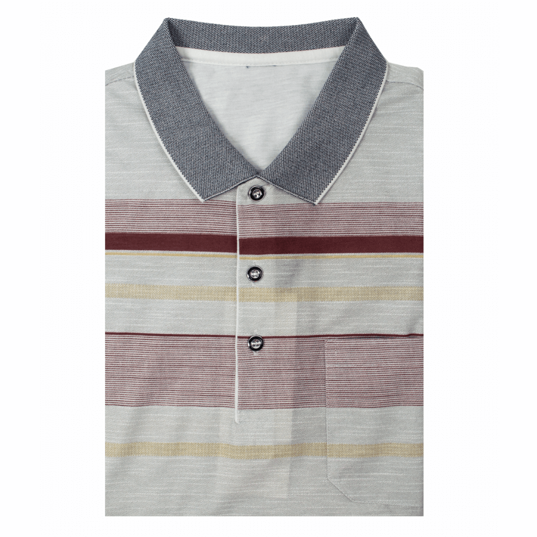 Stewarts Menswear Ambassador cotton rich polo shirt. These polos are made using a super light weight cotton blend material with a soft wash finish which means it is extremely breathable which is perfect for warmer weather. Fine navy stripe rows with navy block row between. Main body of polo shirt is white with navy block pattern. Blocks of white/pale grey with fine burgundy stripe rose and block rows of burgundy and fawn.