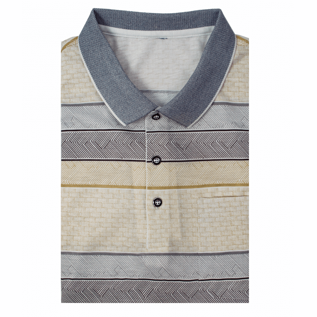 Stewarts Menswear Ambassador cotton rich polo shirt. These polos are made using a super light weight cotton blend material with a soft wash finish which means it is extremely breathable which is perfect for warmer weather. Stripes of Fawn, Grey and Black (each with a fine line self pattern).
