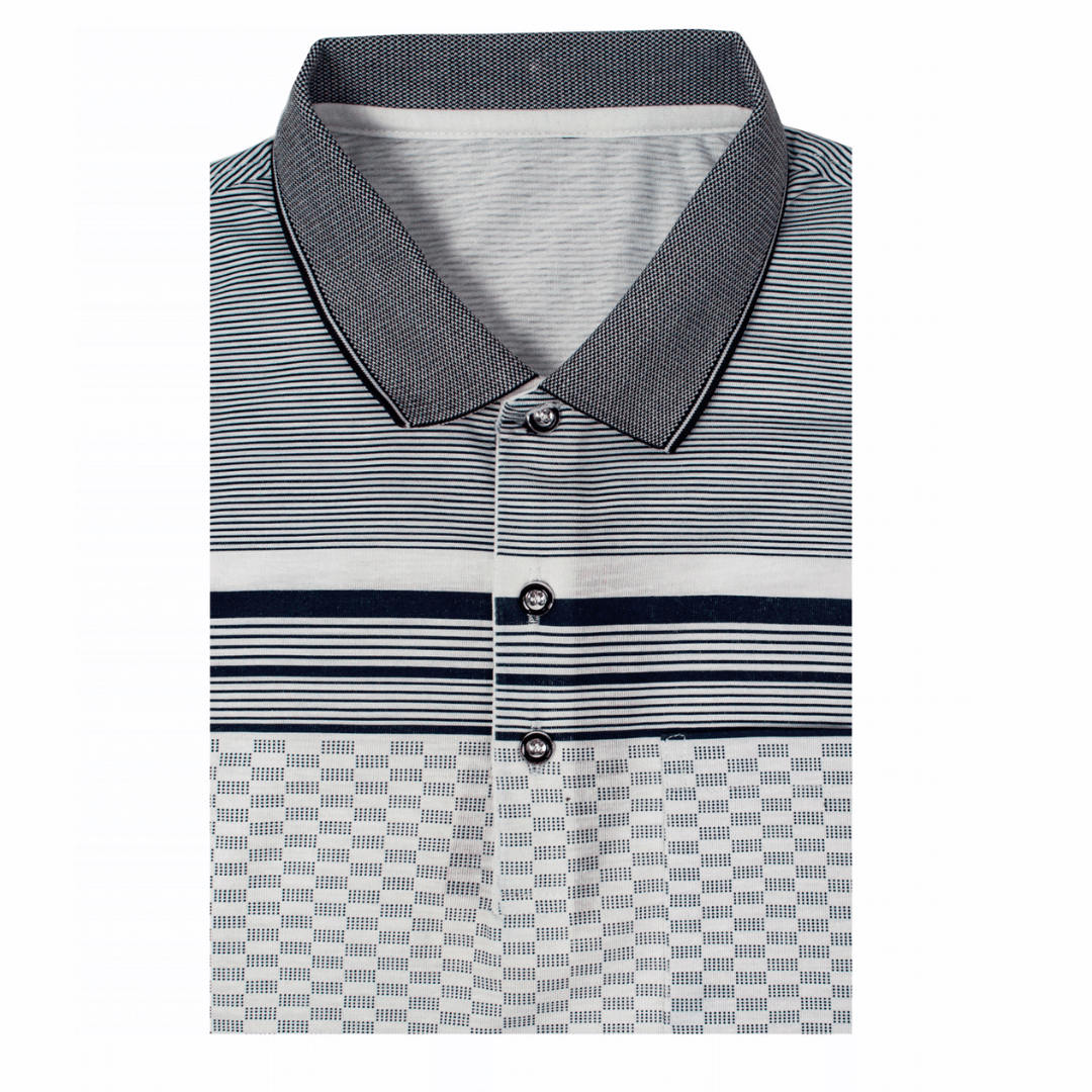 Stewarts Menswear Ambassador cotton rich polo shirt. These polos are made using a super light weight cotton blend material with a soft wash finish which means it is extremely breathable which is perfect for warmer weather. Fine navy stripe rows with navy block row between. Main body of polo shirt is white with navy block pattern.