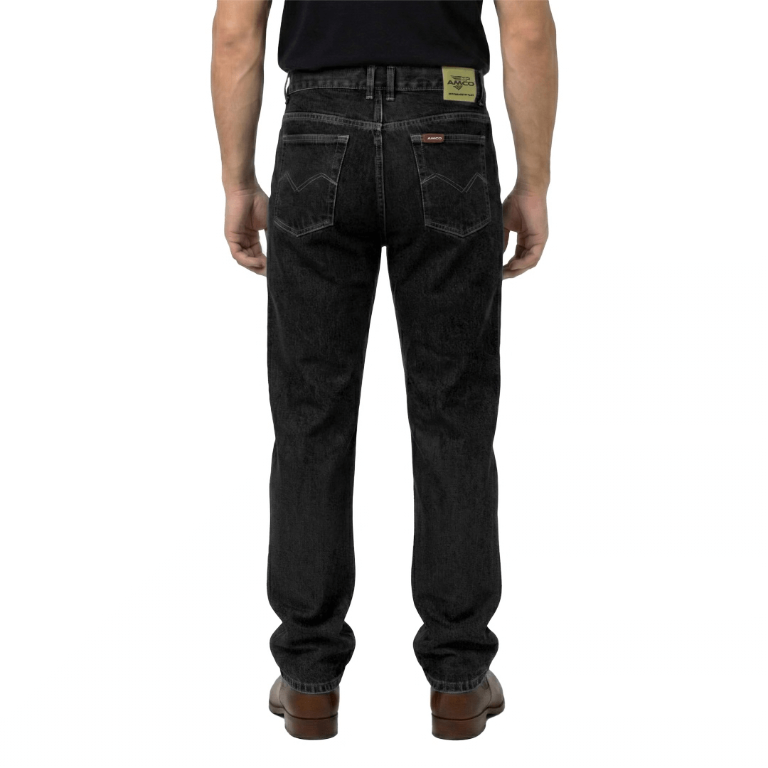 Back View of AMCO Stretch Denim Jeans in Black available at Stewart’s Menswear Mullumbimby. Straight-fit men’s stretch denim jeans for everyday comfort.