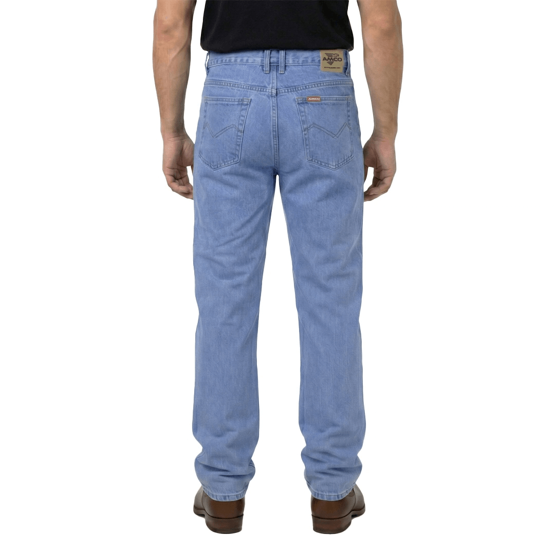 Back View of AMCO Stretch Denim Jeans in Light Stonewash available at Stewart’s Menswear Mullumbimby. Straight-fit men’s stretch denim jeans for everyday comfort.