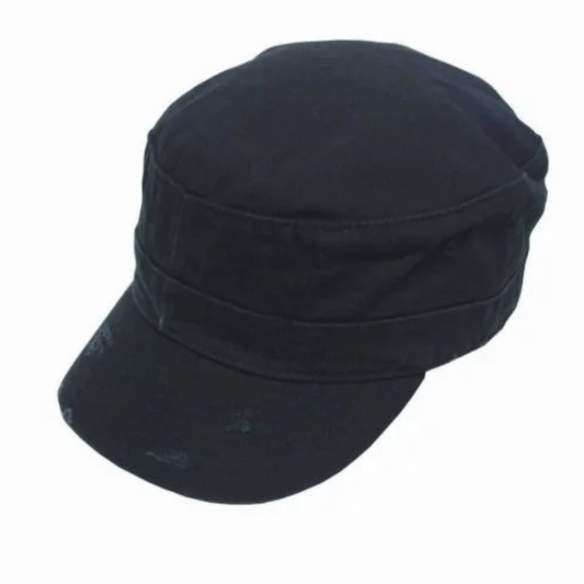 Stewarts Menswear, Mullumbimby. Avenel hats army cap. Weathered look castro style cap. Colour is black.