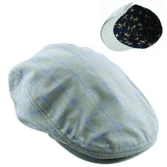 Stewart's Menswear Avenel Hats cotton ivy cap with duck print lining. Colour is light grey with blue check pattern.