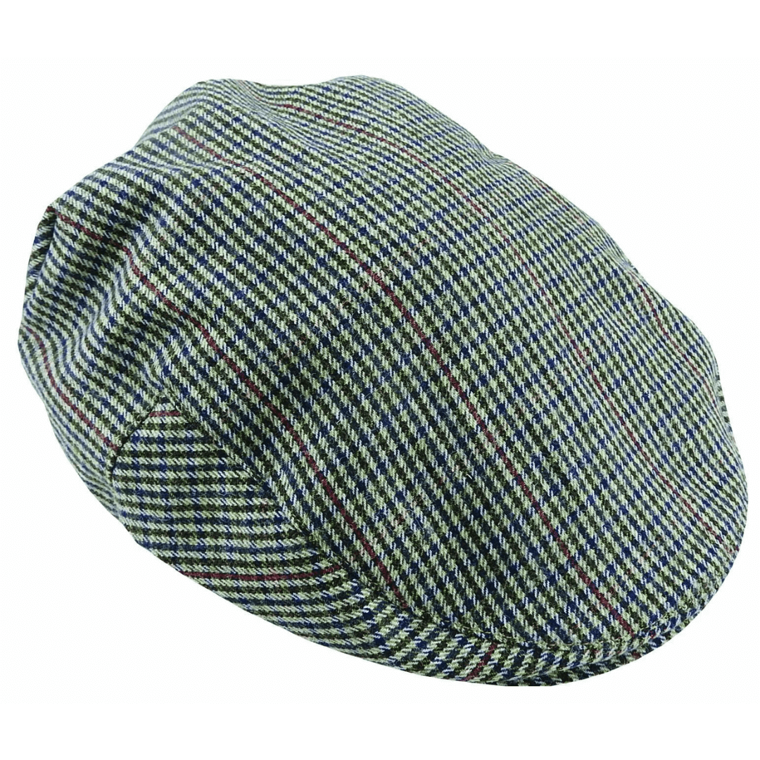 Stewart's Menswear Avenel Hats wool blend fine check tweed cap, Olive. An all over check design in maroon, navy, and olive with a light greyish background.Upgrade your winter wardrobe with this stylish wool blend fine check tweed ivy cap. The perfect accessory to keep you warm and fashionable, this cap is made from premium quality wool blend fabric and features a sophisticated fine check pattern. It has a classic design making it perfect for everyday wear and an ideal gift for any fashion-conscious person.