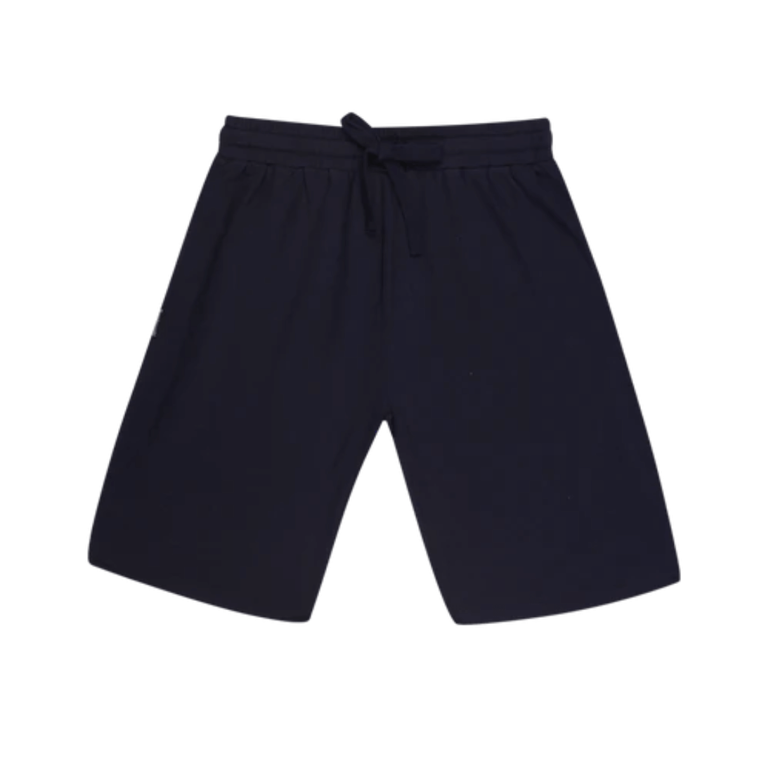 Stewarts Menswear Bamboozled bamboo jersey sleep shorts. Made from a sustainable Bamboo blend, they are luxuriously soft and breathable and will have you feeling relaxed in no time at all. Elasticised waist with front tie. Photo show front view of navy bamboo jersey sleep shorts.