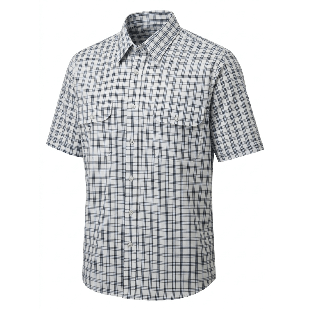Men's Bisley short sleeve shirt in white check with double chest pockets, available at Stewart's Menswear, Mullumbimby