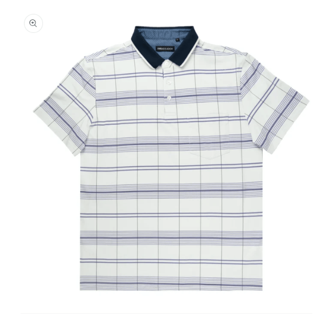 Ambassador Polo by Boulevandre. White with Navy sripes and collar in soft-touch poly/cotton, available at Stewart's Menswear Mullumbimby.