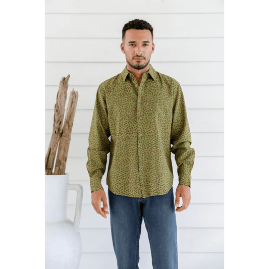 Men's hemp-cotton long sleeve shirt in olive green with a small floral print, available at Stewart's Menswear Mullumbimby.