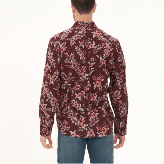 Men's hemp-cotton long sleeve shirt in burgundy with a tropical floral print, available at Stewart's Menswear Mullumbimby.