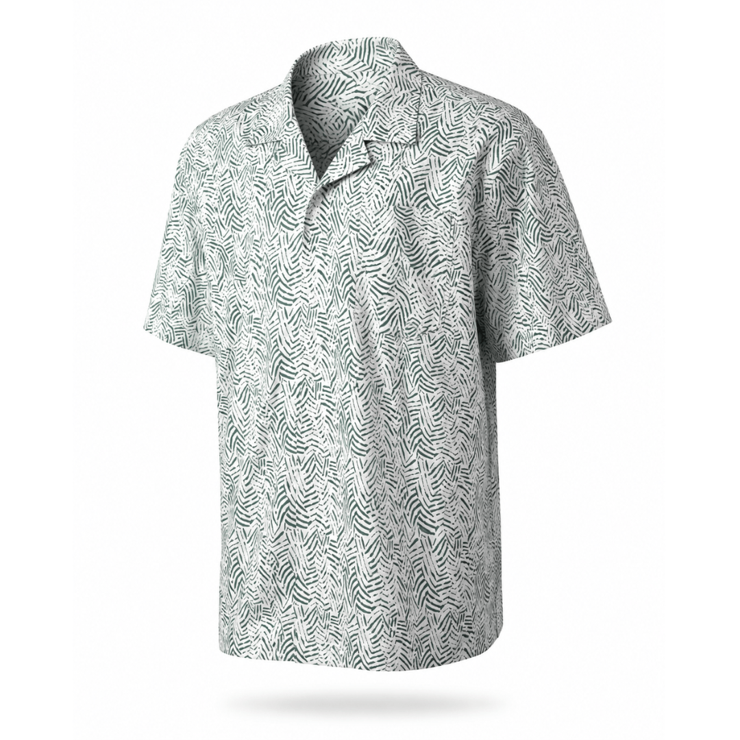 Bridgeport Woven Shirt in white wit abstract olive green coloured leaf print, bamboo cotton blend short sleeve men's shirt available at Stewart's Menswear Mullumbimby.