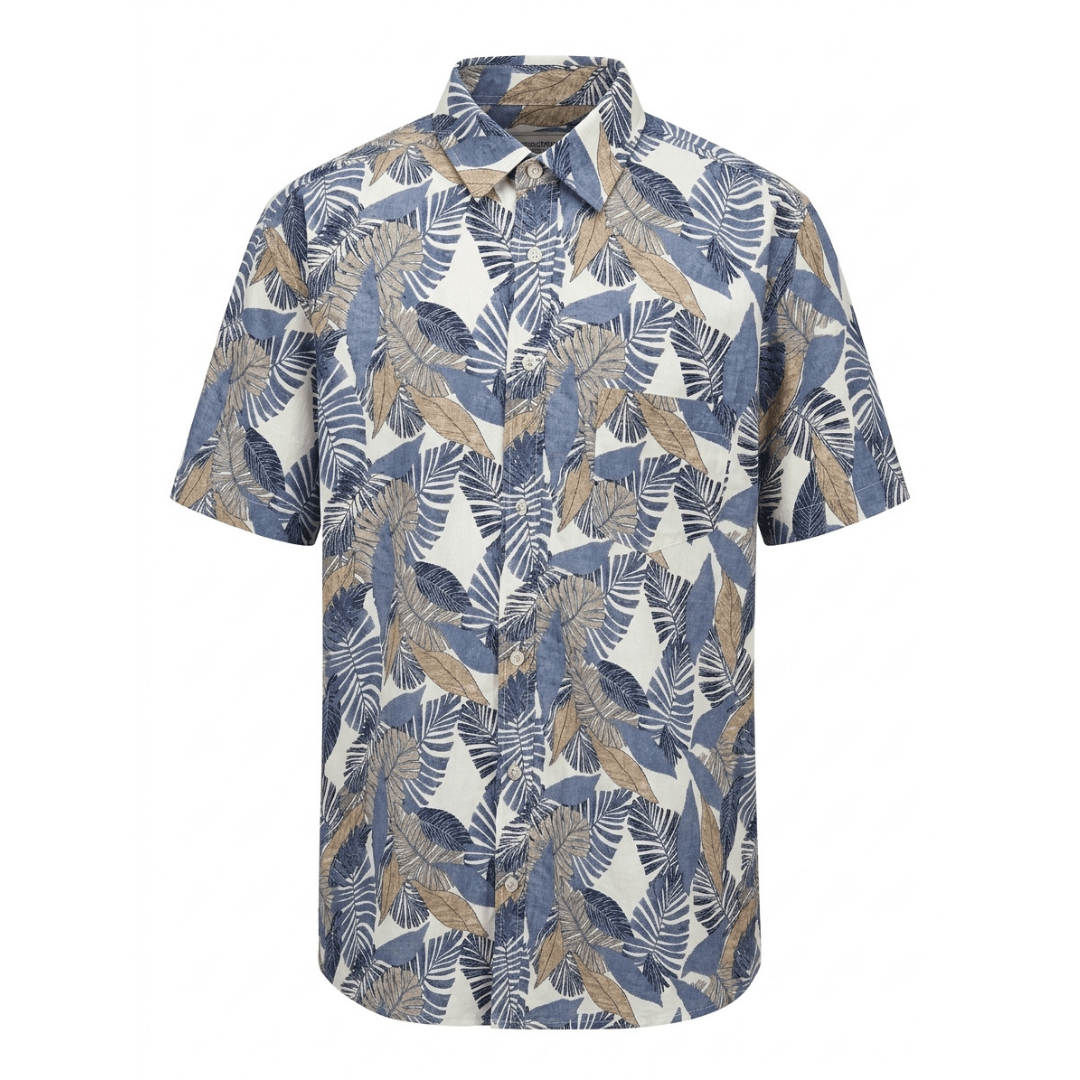 Bridgeport Woven Shirt in smoke blue/tan leaf print, bamboo cotton blend short sleeve men's shirt available at Stewart's Menswear Mullumbimby.