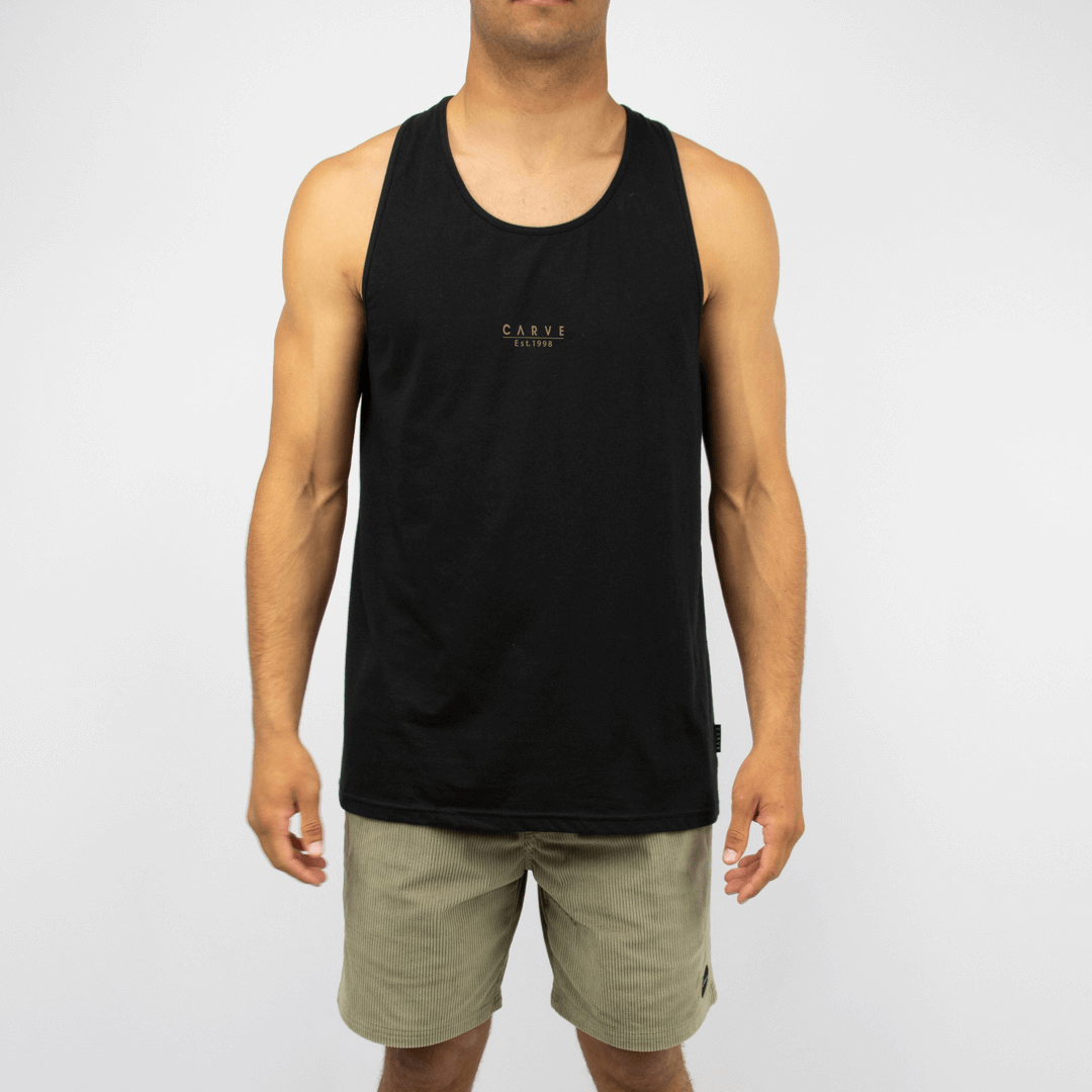 Carve EST.1998 Singlet available at Stewart’s Menswear Mullumbimby. Regular-fit black men’s cotton singlet with small chest print and includes 20% recycled yarn.