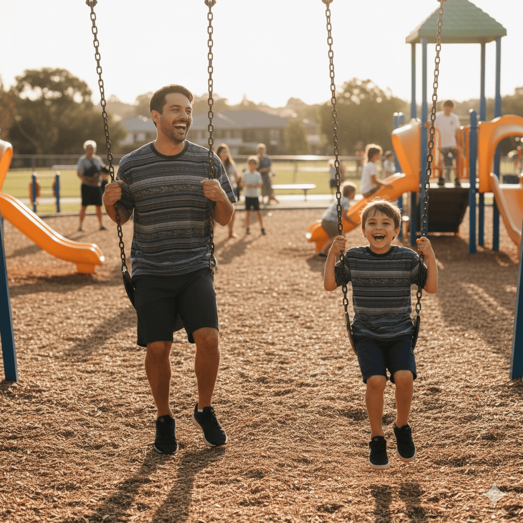 A father and son playing on swings in a playground, both dressed in matching Apache T-shirts from Carve. Carve Apache Short Sleeve Tee available at Stewart’s Menswear Mullumbimby. Regular-fit printed cotton tee with vintage wash.