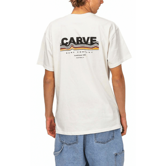 Back View of Carve Decade Tee in Whipped Butter, men's off-white cotton tee with retro Carve Surf Company wave print on the back, available at Stewart's Menswear Mullumbimby.