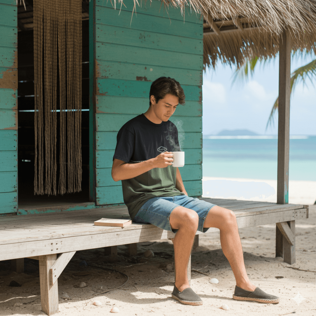 Carve Kindred Short Sleeve Tee available at Stewart’s Menswear Mullumbimby. Relaxed men’s cotton tee with jacquard chest detail and vintage wash. Man wearing Kindred t-shirt sitting on the deck of a beach hut drinking coffee.