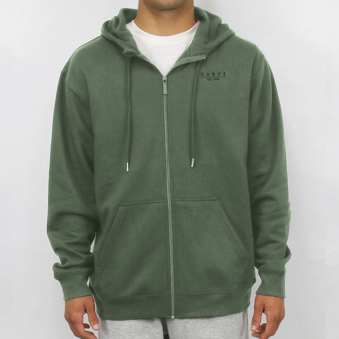 Stewart's Menswear, Mullumbimby. Carve Mystic Hoodie. Zip through Hoodie in moss green colour with subtle same colour logo on front chest. Available in Big Men's sizes only.