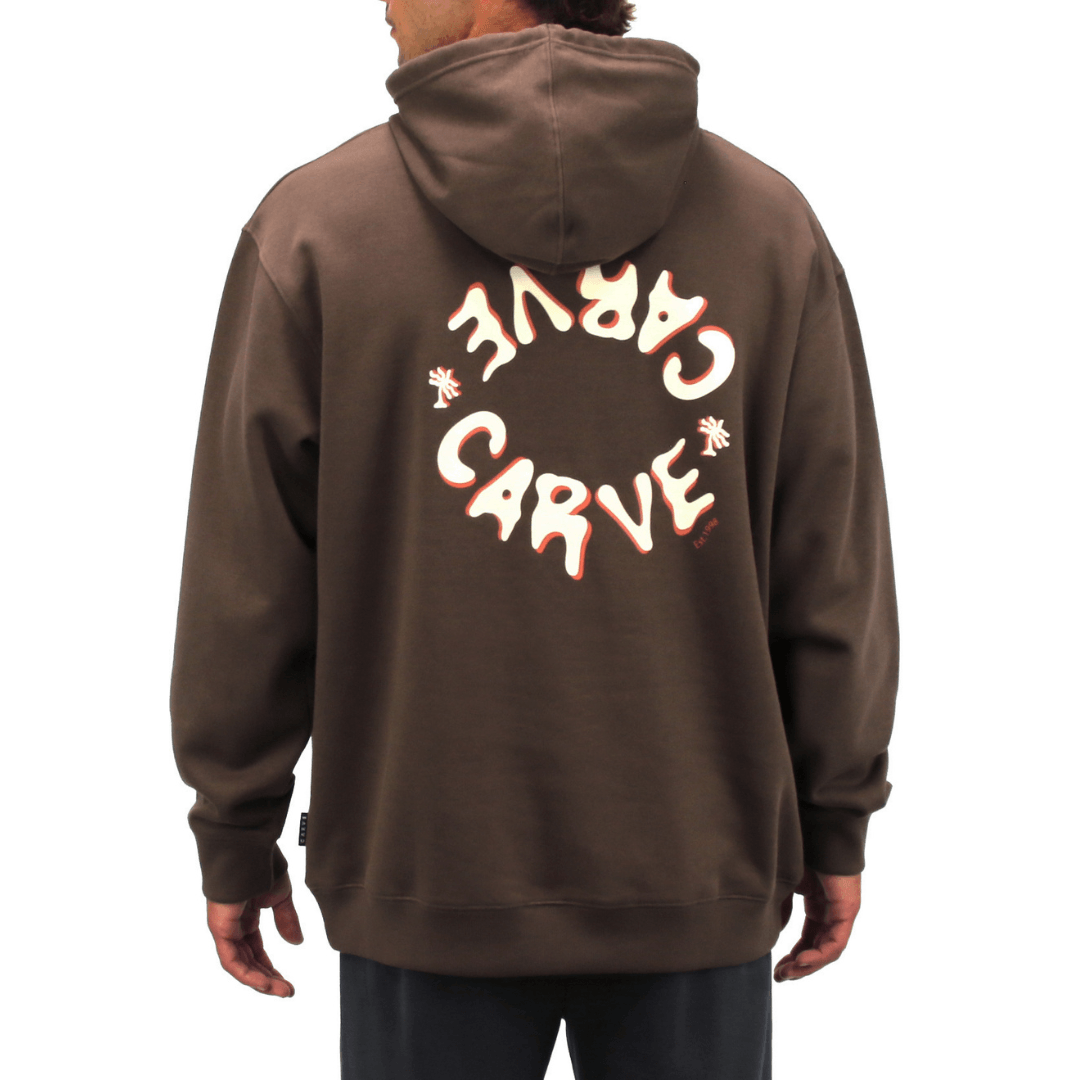 Back view of Carve Parker Hoodie in chocolate available at Stewart’s Menswear Mullumbimby. Pull over fleece hoodie with graphic chest and back print and kangaroo pocket.