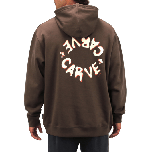Back view of Carve Parker Hoodie in chocolate available at Stewart’s Menswear Mullumbimby. Pull over fleece hoodie with graphic chest and back print and kangaroo pocket.