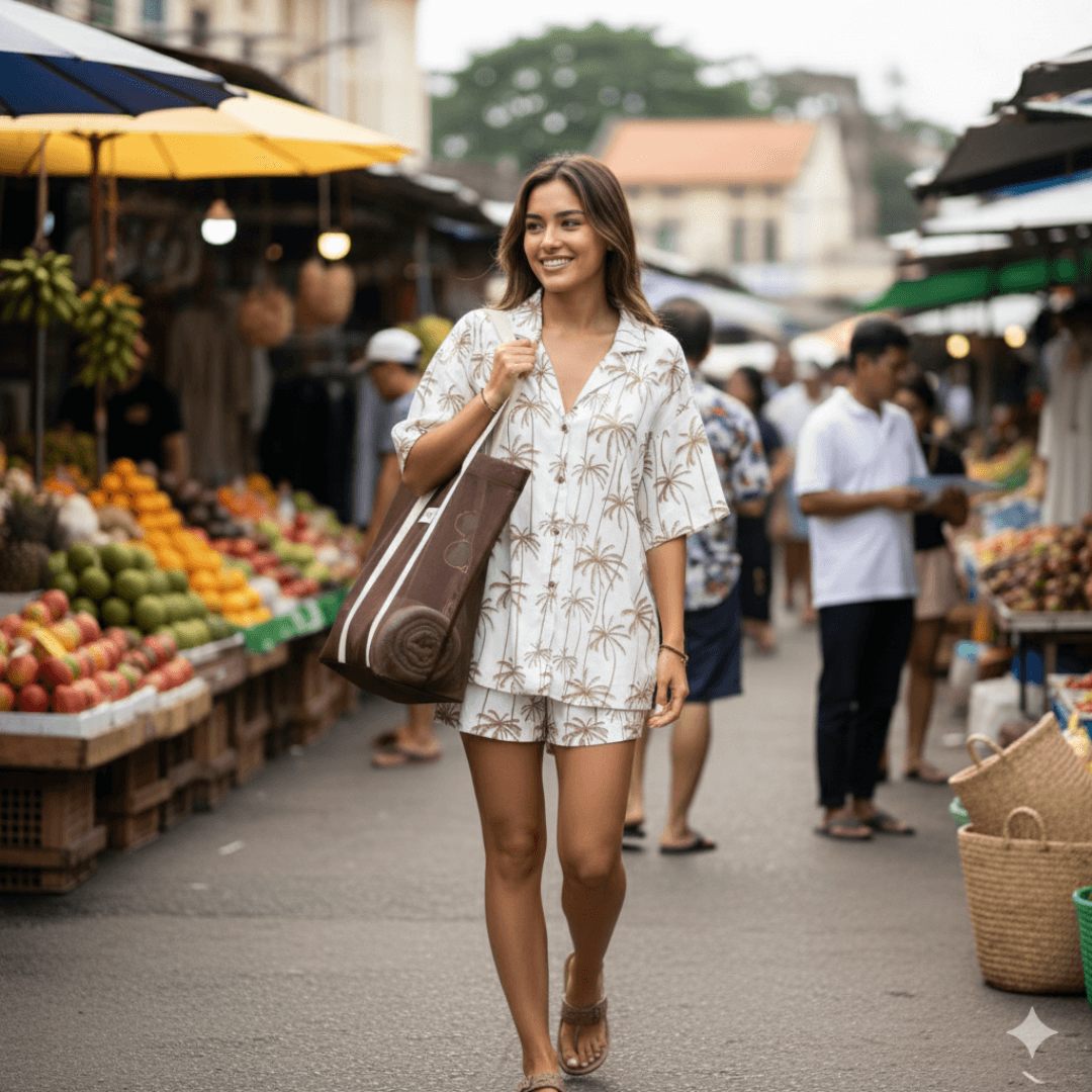 Lifestyle photo of Sobi Women's Beach set available at Stewarts Menswear in Mullumbimby. White and tan palm print linen-viscose shirt and shorts set. Woman wearing Sobi Beach set and carrying Seaside Mesh Tote bag whilst walking through a market.