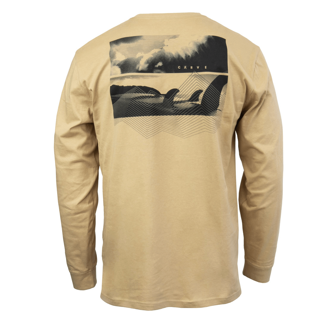 Stewarts Menswear Carve Surf wear Chicama long sleeve tee shirt. Carve surf brand Chicama Men's long sleeve T-shirt is a regular fit with a large back print and print which runs down the left sleeve. Image shows black graphic back print of surfboards and clouds, colour is Dark Sand