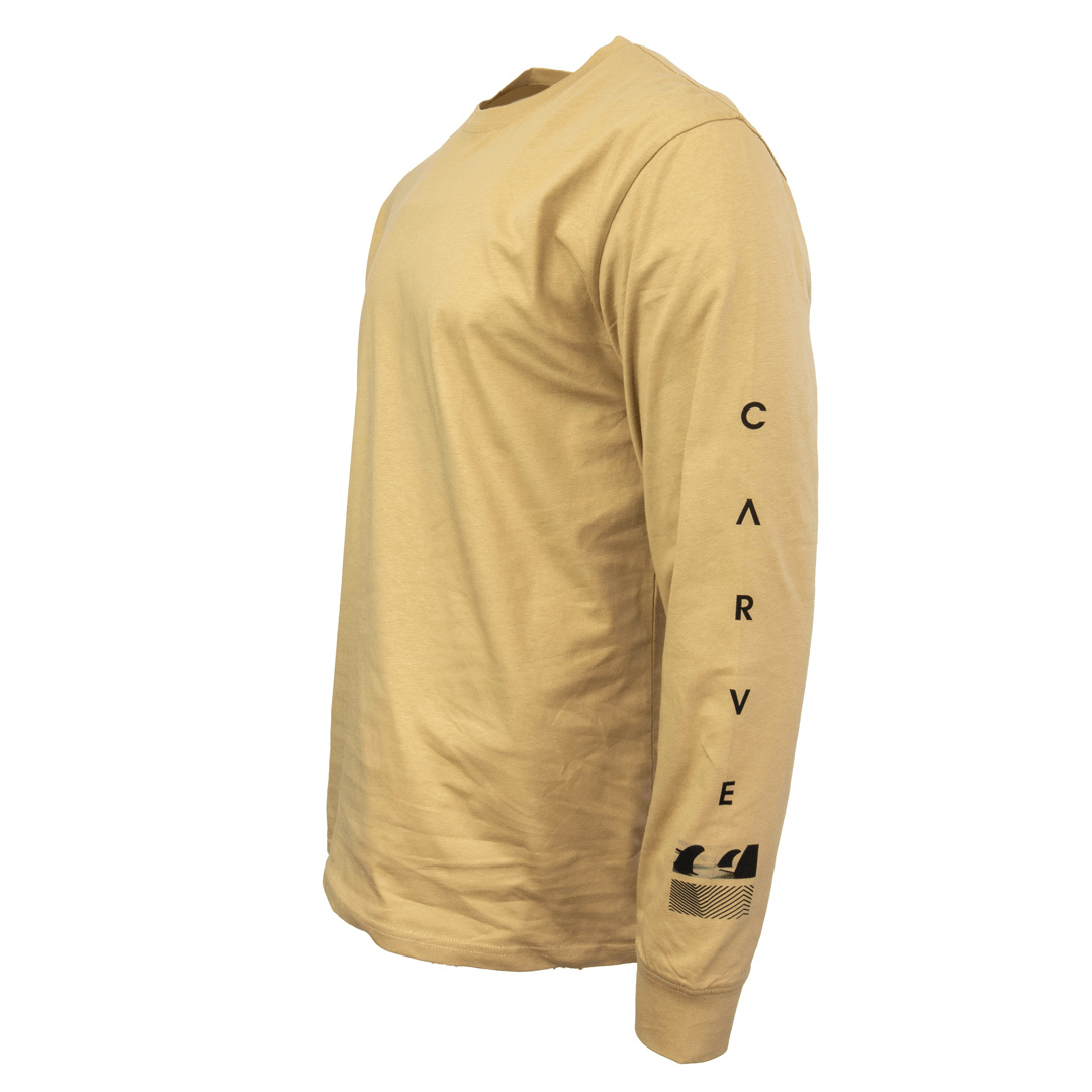 Stewarts Menswear Carve Surf wear Chicama long sleeve tee shirt. Carve surf brand Chicama Men's long sleeve T-shirt is a regular fit with a large back print and print which runs down the left sleeve. Image shows sleeve print. Carve branding running down the length of the sleeve with small graphic print of surfboard fins near the ribbed cuff. Colour is Dark Sand.