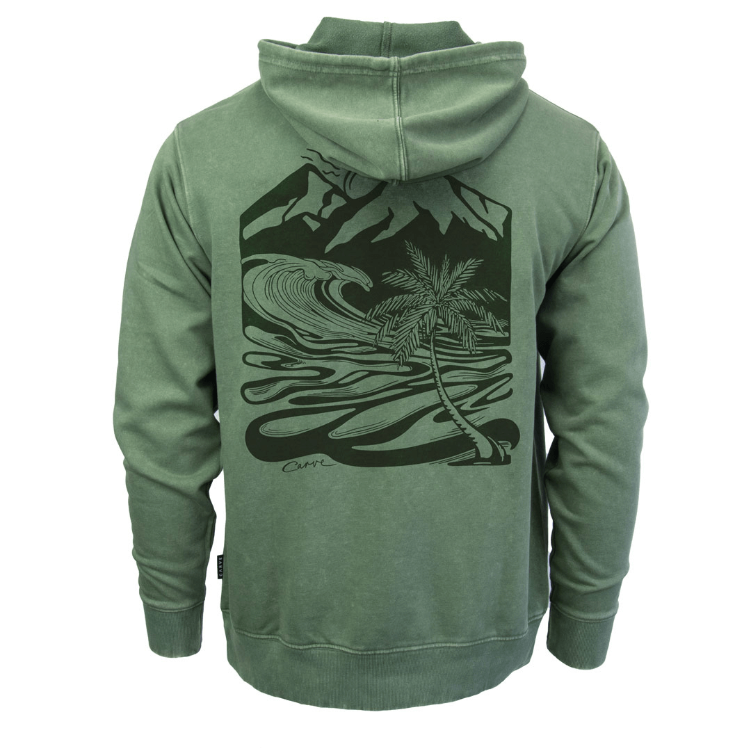 Stewarts Menswear Carve Surfwear Finals Hoodie. Colour is Clover Green. Carve Surfwear's Finals pullover Hooded sweatshirt is a relaxed/oversized fit. Features a small Carve Print on Left chest and large graphic print on back with a front kangaroo pocket. Image shows back graphic print of waves and mountains with a palm tree.