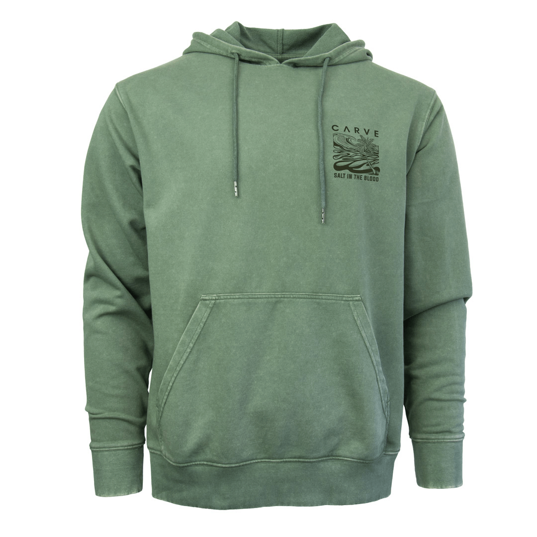 Stewarts Menswear Carve Surfwear Finals Hoodie. Colour is Clover Green. Carve Surfwear's Finals pullover Hooded sweatshirt is a relaxed/oversized fit. Features a small Carve Print on Left chest and large graphic print on back with a front kangaroo pocket. Image shows front graphic print of waves and mountains with a palm tree.