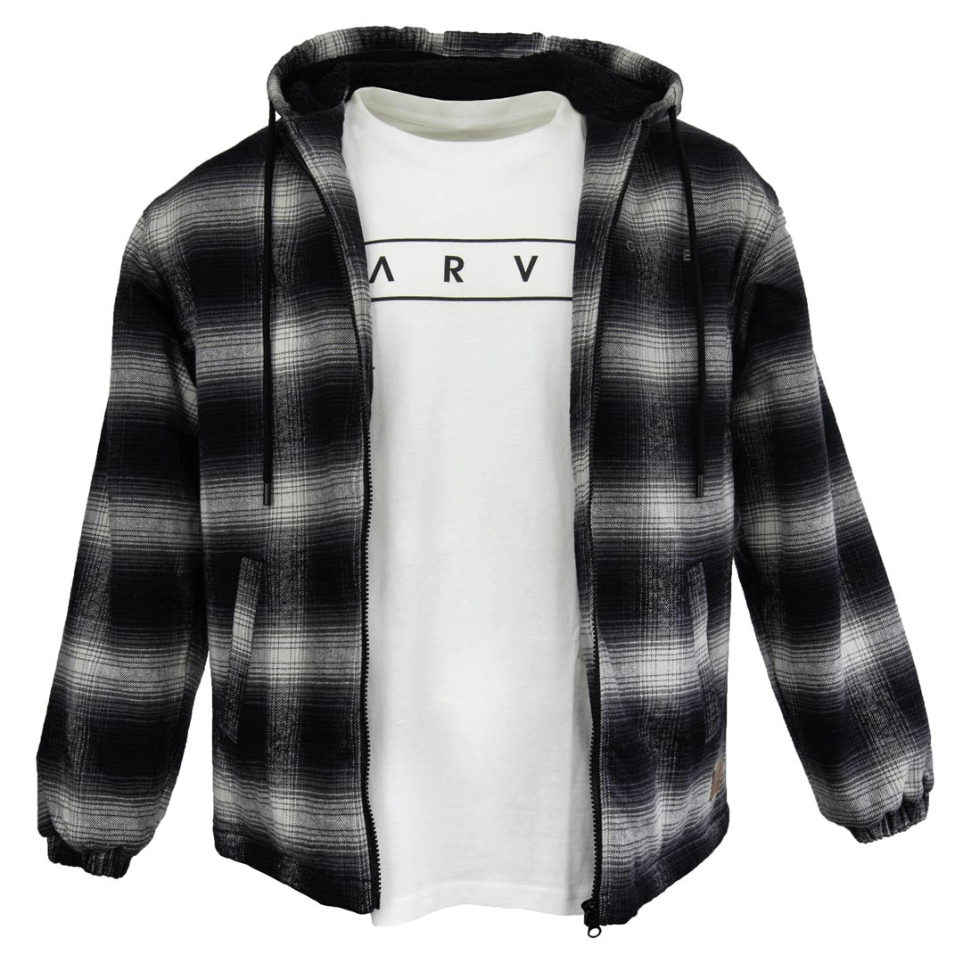 Stewarts Menswear Carve Surf wear Hesperus Zip jacket. Hesperus is a regular fit zip front, hooded jacket with full sherpa lining. Outer is 100% brushed cotton yarn dye check with polyester cotton polar fleece lining. Small Carve embroidered logo on left chest and front welt pockets with a pleather badge on the hem.