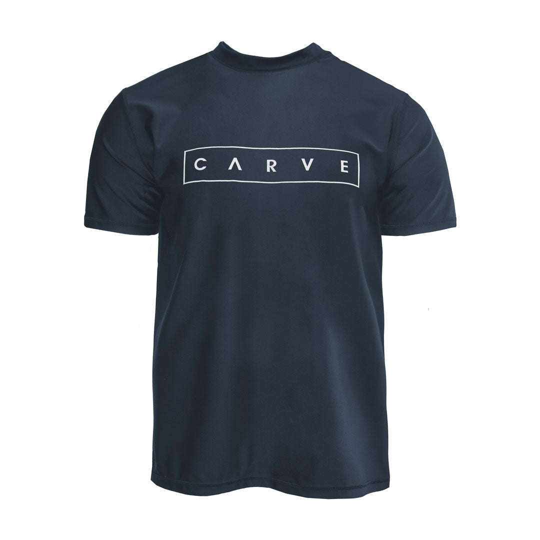 Stewarts Menswear Carve surfwear Locked In short sleeve rashie. Men's short sleeve swim Rashie with Carve chest print. A relaxed fit Rashie T with a 50+UPF Rating for carefree fun in the sun. Made from 220g Recycled Polyester/Elastane. Colour is navy with white Carve chest print.