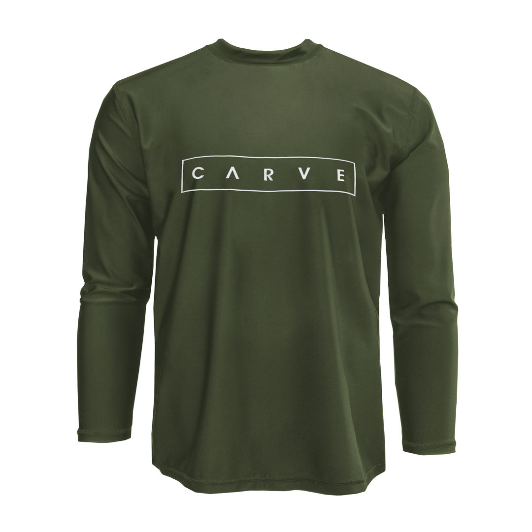 Stewarts Menswear Carve surfwear. Nazare long sleeve rashie. Men's long sleeve swim Rashie with Carve chest print. A relaxed fit Rashie T with a 50+UPF Rating for carefree fun in the sun. Made from 220g Recycled Polyester/Elastane. Colour is khaki with white Carve chest print.
