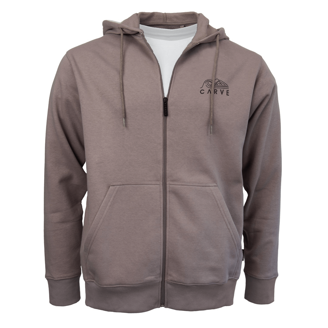 Stewarts Menswear Carve Surfwear Power Trip zip hoodie. Colour is Cinder. Power Trip is a men's zip front hooded jacket from Carve surf brand and is made with a 300gsm cotton-polyester blend, making it durable as well as warm. A small understated left chest print finishes off this classic regular fit Hoody.