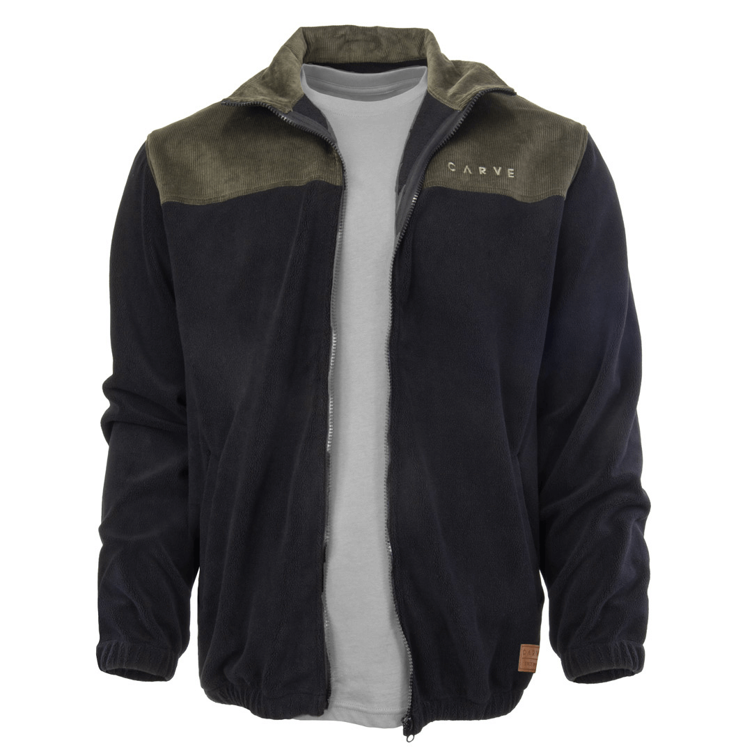 Stewarts Menswear Carve Surfwear Saguaro zip jacket. Saguaro is a Zip front, high neck jacket made from 380gram polyester/cotton micro polar fleece and features of 100% cotton corduroy upper yoke. Small Carve embroidered logo on left chest and front welt pockets. Black jacket with olive coloured corduroy yoke and collar.
