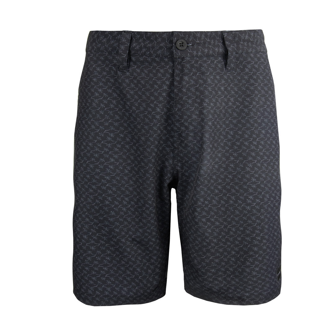 Stewarts Menswear Carve Surfwear Two Shores hybrid walk short. Carve Two Shores is a men's fitted waist hybrid short featuring a button waist with zip fly along with angled side pockets with mesh pocket linings, and a welt pocket at back.  Regular fit shorts made from a polyester/elastane blend microfibre with sublimation print all over. Black shorts with grey coloured all over floral/geometric pattern sublimation print.