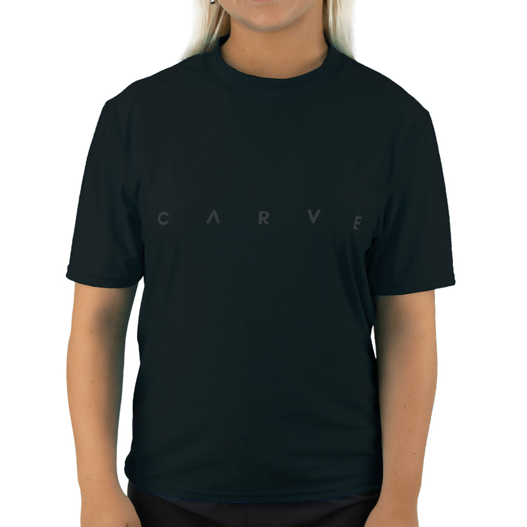 Stewarts Menswear Carve Wipe Out ladies short sleeve rashie. Black short sleeve rash shirt with same colour CARVE print on front.