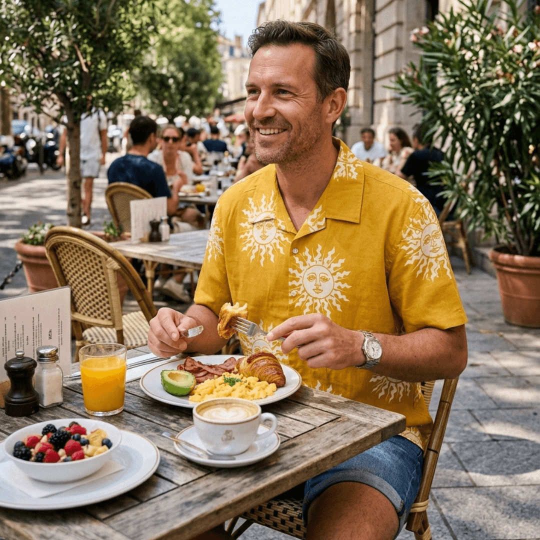 Man eating breakfast at an outdoor cafe wearing Surya Gold Cochin Bros Shirt in mustard with hand printed sun face design, available at Stewart's Menswear Mullumbimby.