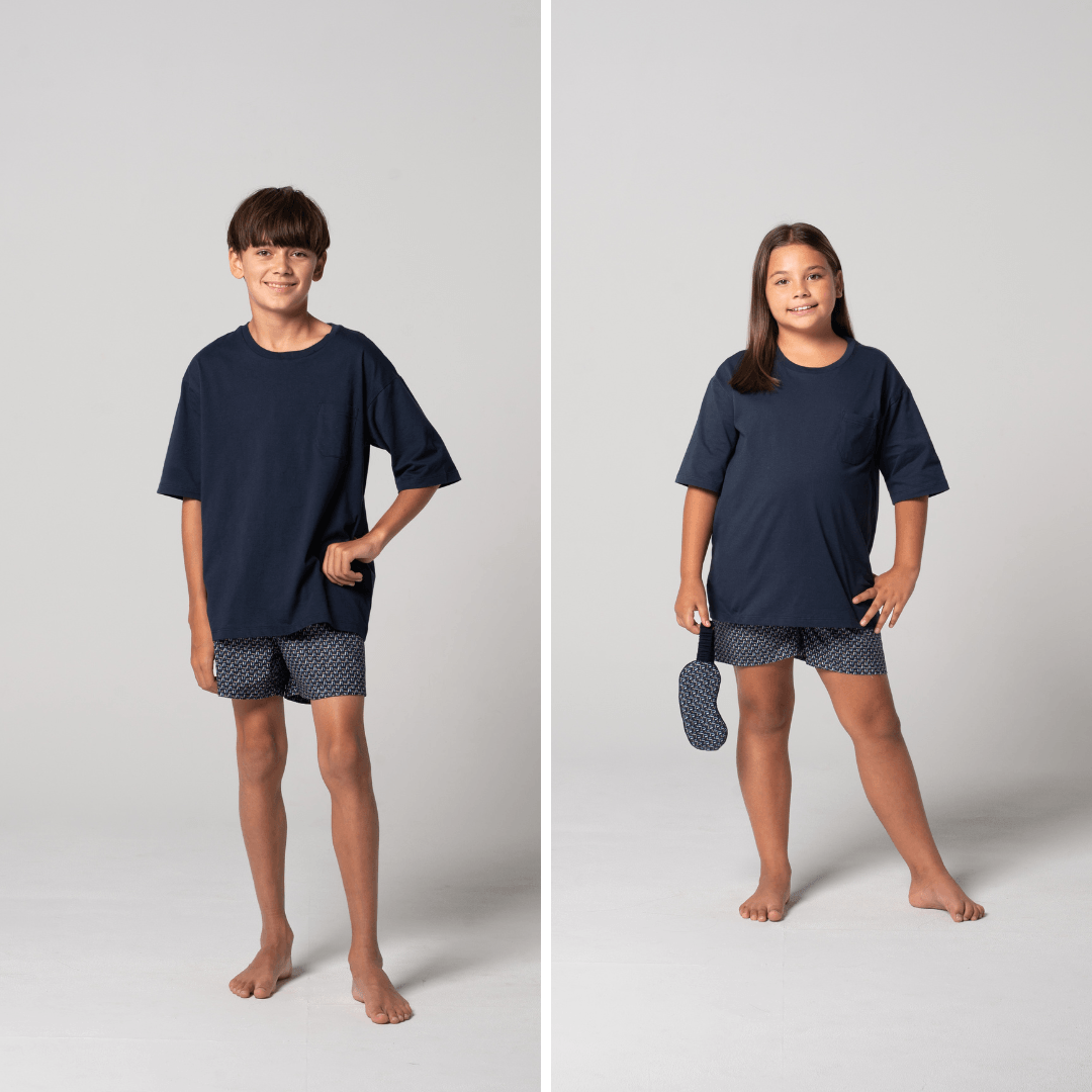 Contare Unisex Kids Cotton Tee and Boxer Set in Nightfall print, a cotton pyjama tee with chest pocket and matching boxer shorts, available at Stewart's Menswear Mullumbimby.