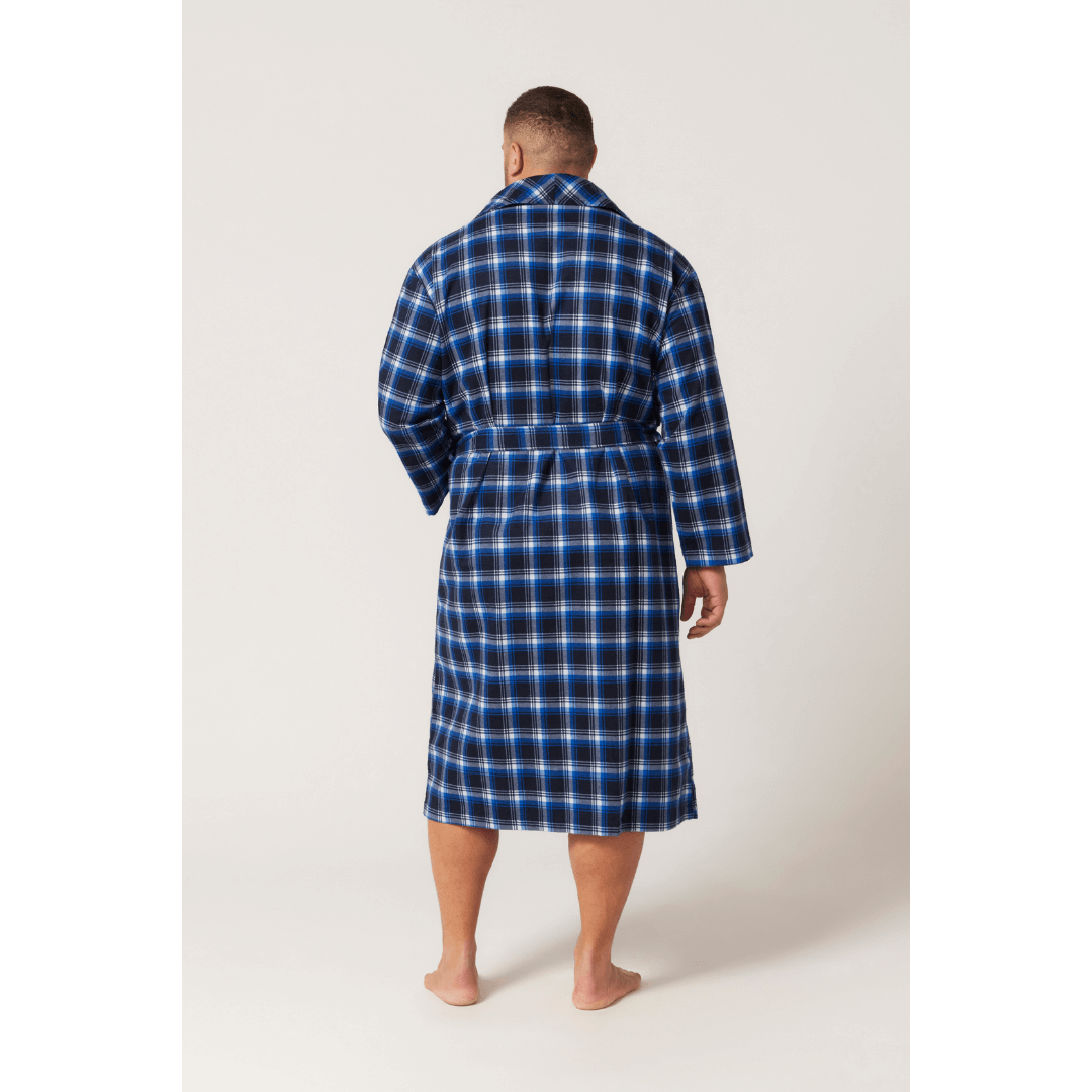 Stewart's Menswear Contare flannelette gown. Colour is Irish Country Tartan (Blue). Photo shows back view of model wearing Contare Flannelette Gown.