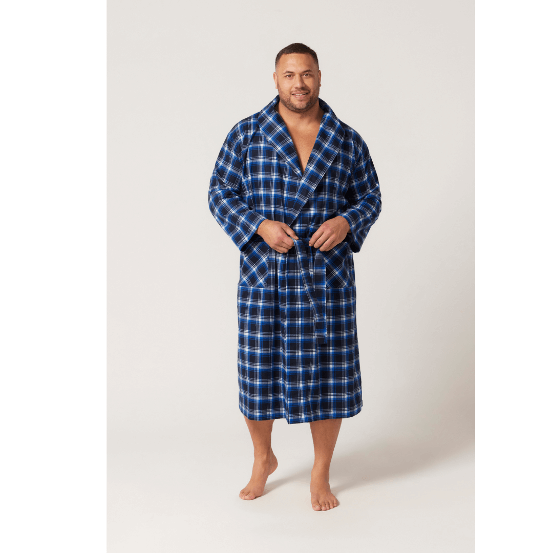 Stewart's Menswear Contare flannelette gown. Colour is Irish Country Tartan (Blue). Photo shows front view of model wearing Contare Flannelette Gown.