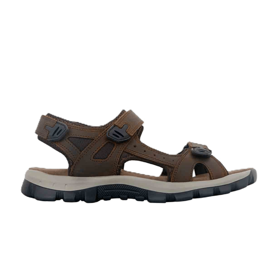 Explorer Nash brown leather sandal with self fastening straps and moulded footbed, available at Stewart's Menswear Mullumbimby.